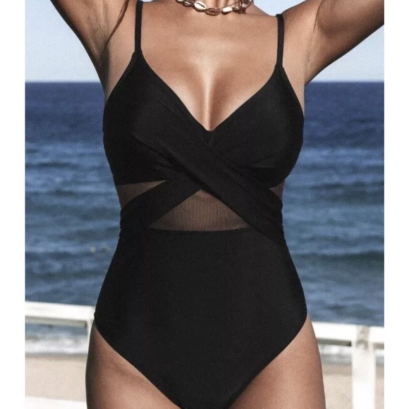 Black Mesh Wrap Front Cutout One Piece Swimsuit size Large - Picture 1 of 15